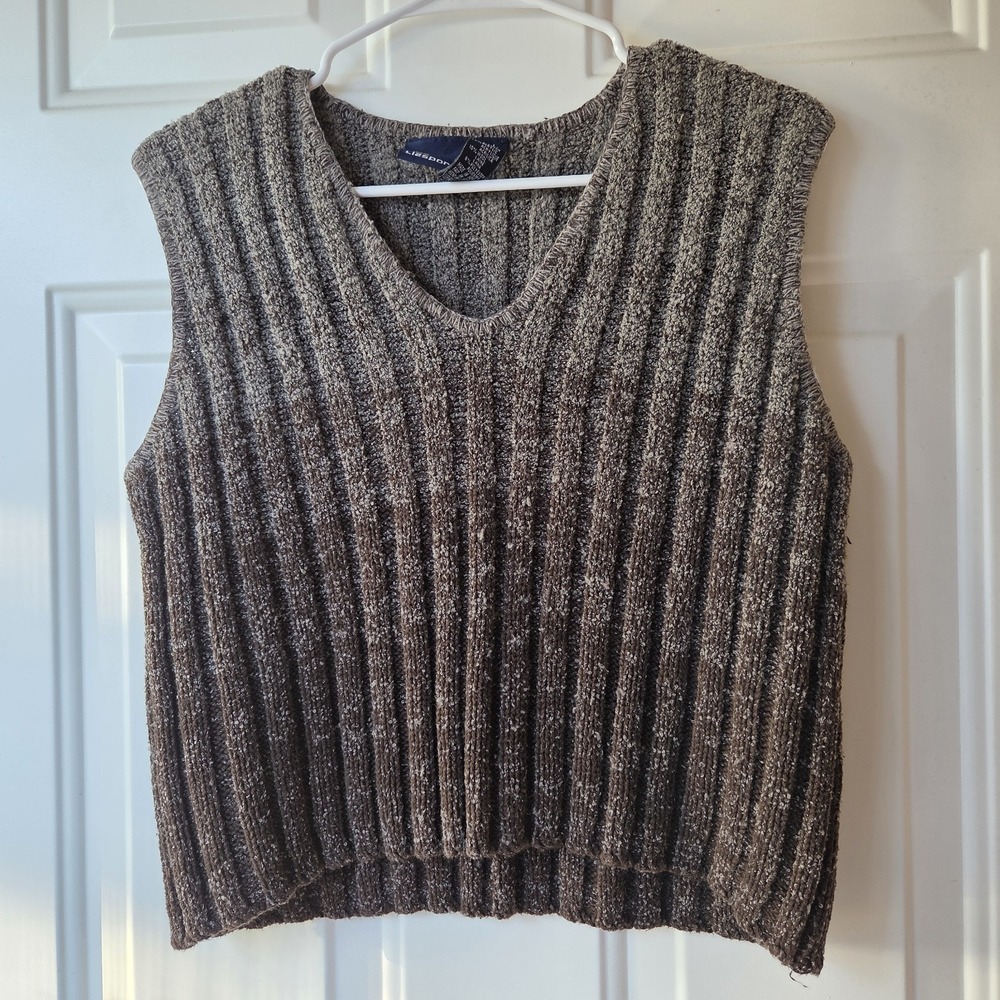Lizsport Sweater Vest sz L Rib Knit Ombre Brown Gray Wool Bld Vtg layer Academia